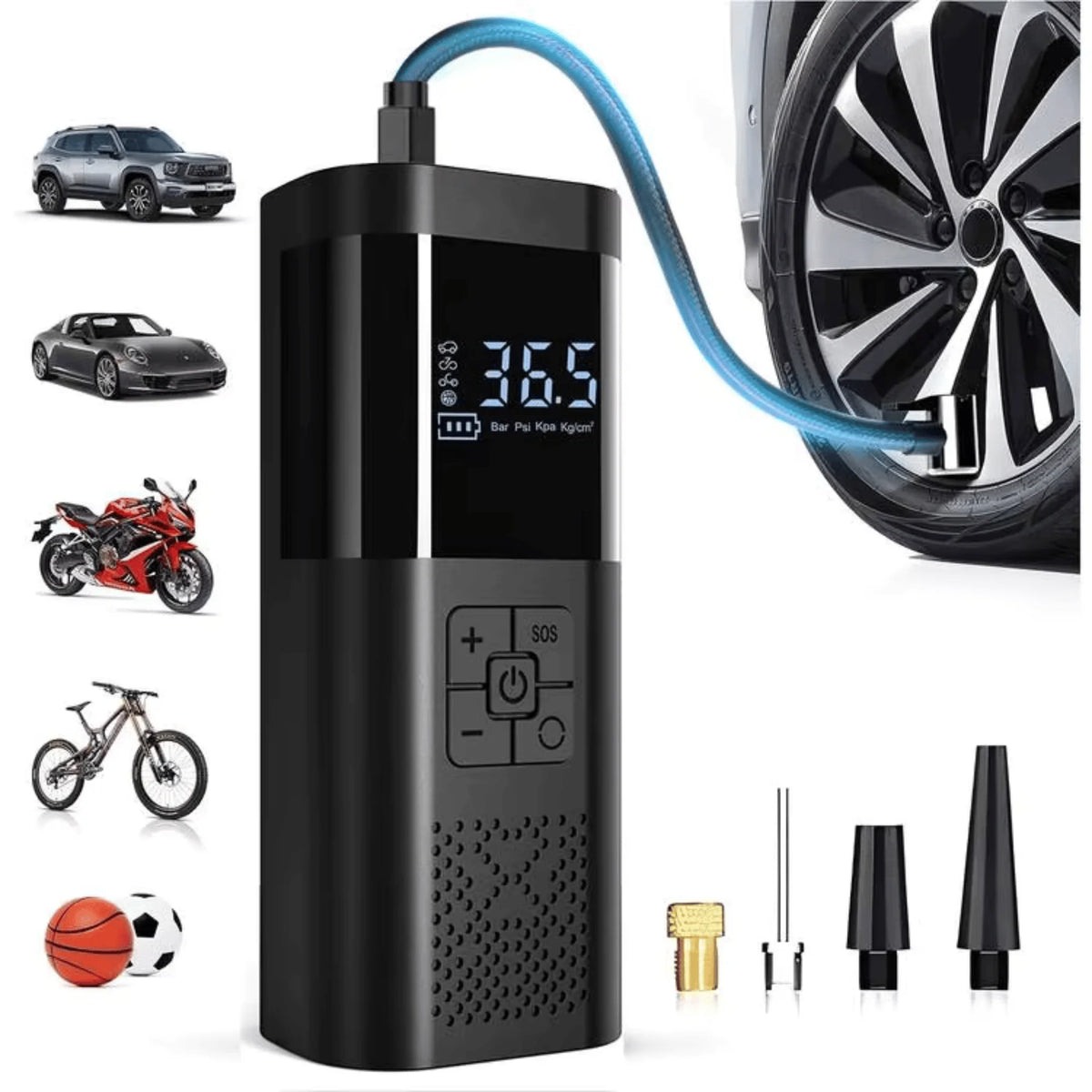 Portable Tire Inflator, 150 PSI Cordless Air Compressor with Digital Pressure Gauge, Auto Shutoff and Preset Modes, Rechargeable Air Pump for Car Tires, SUVs, Motorcycles, Bicycles, Sports Balls and Road Trips