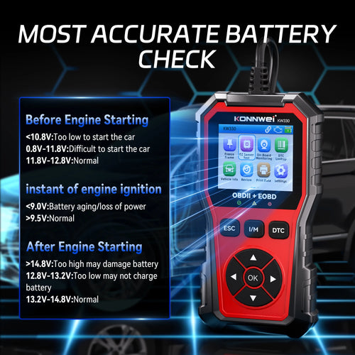 2026 KONNWEI KW330 Car OBD2 Fault Scanner Engine Battery Test  Fault Code Clear Real-Time Data Professional OBD Inspection Tool