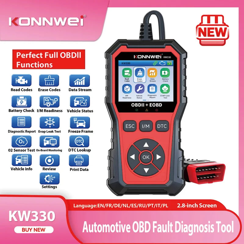 KONNWEI KW330 OBD2 Scanner & Battery Tester – 2.8" Colour Screen
