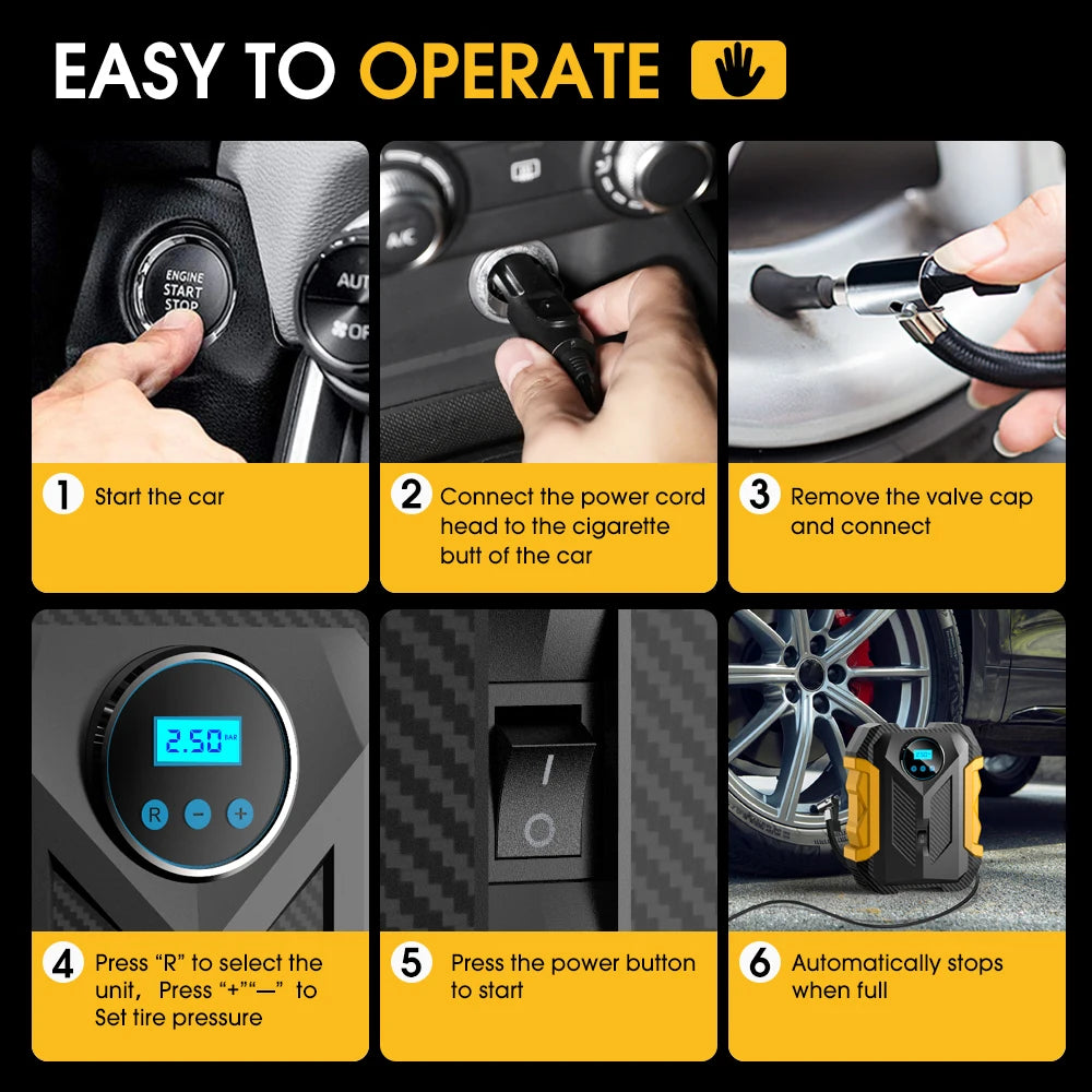 Carsun 150Psi 12V Inflator: Digital Display, Led Light, Smart Tire Pressure, 3m Cord - for Cars, Bikes, Balls