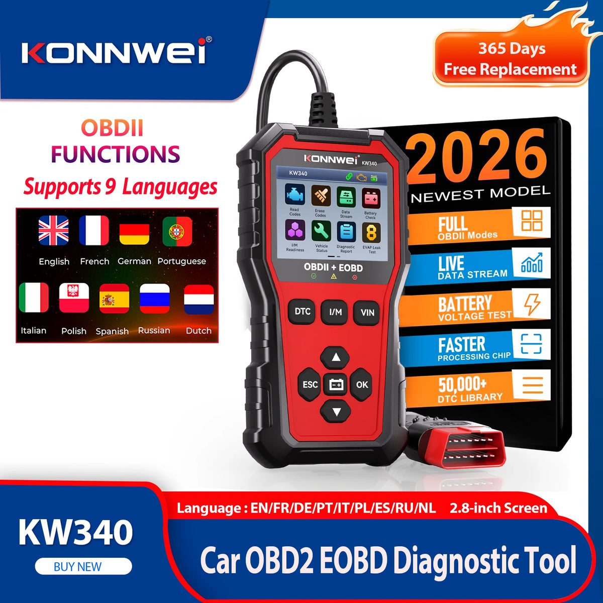 2026 KONNWEi KW340 Car CAN OBD2 EOBD Diagnostic Tool Engine Battery Test Read Fault Code Clear Real-Time Data O2 Inspection Tool