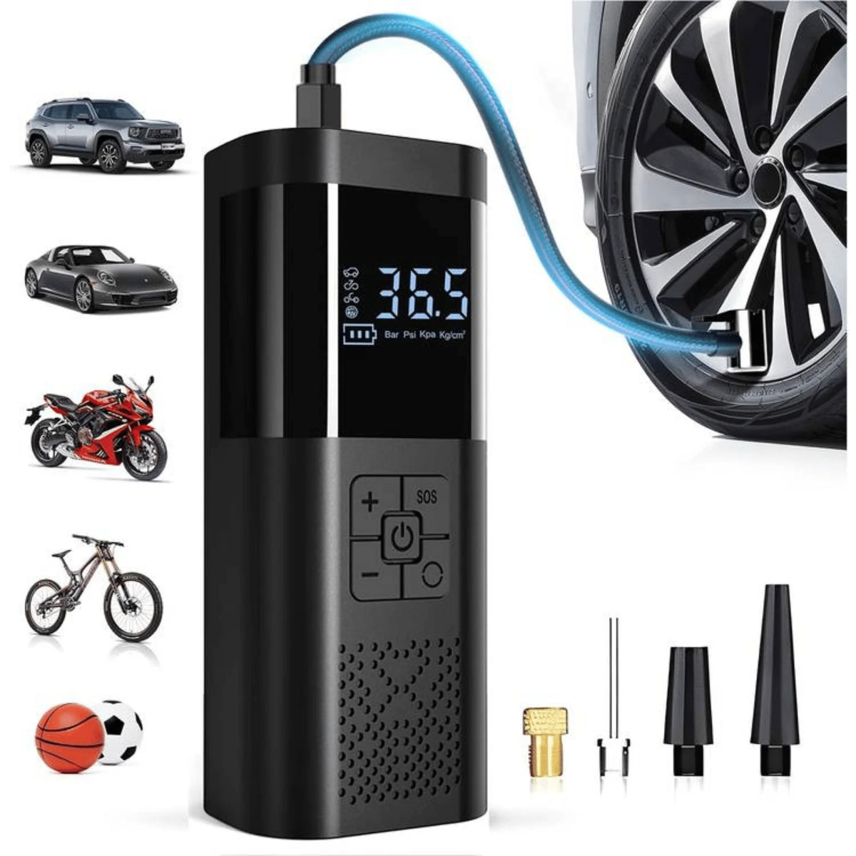 Portable Tire Inflator, 150 PSI Cordless Air Compressor with Digital Pressure Gauge, Auto Shutoff and Preset Modes, Rechargeable Air Pump for Car Tires, SUVs, Motorcycles, Bicycles, Sports Balls and Road Trips
