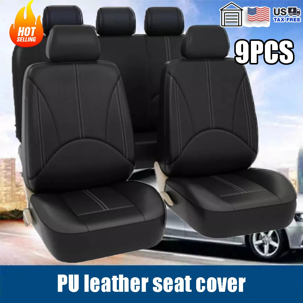 9-Piece PU Leather Car Seat Cover Set – Black, Universal Fit