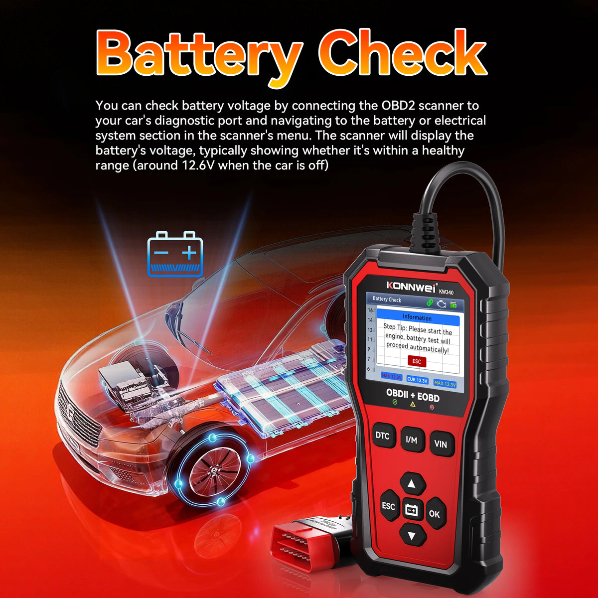 2026 KONNWEi KW340 Car CAN OBD2 EOBD Diagnostic Tool Engine Battery Test Read Fault Code Clear Real-Time Data O2 Inspection Tool